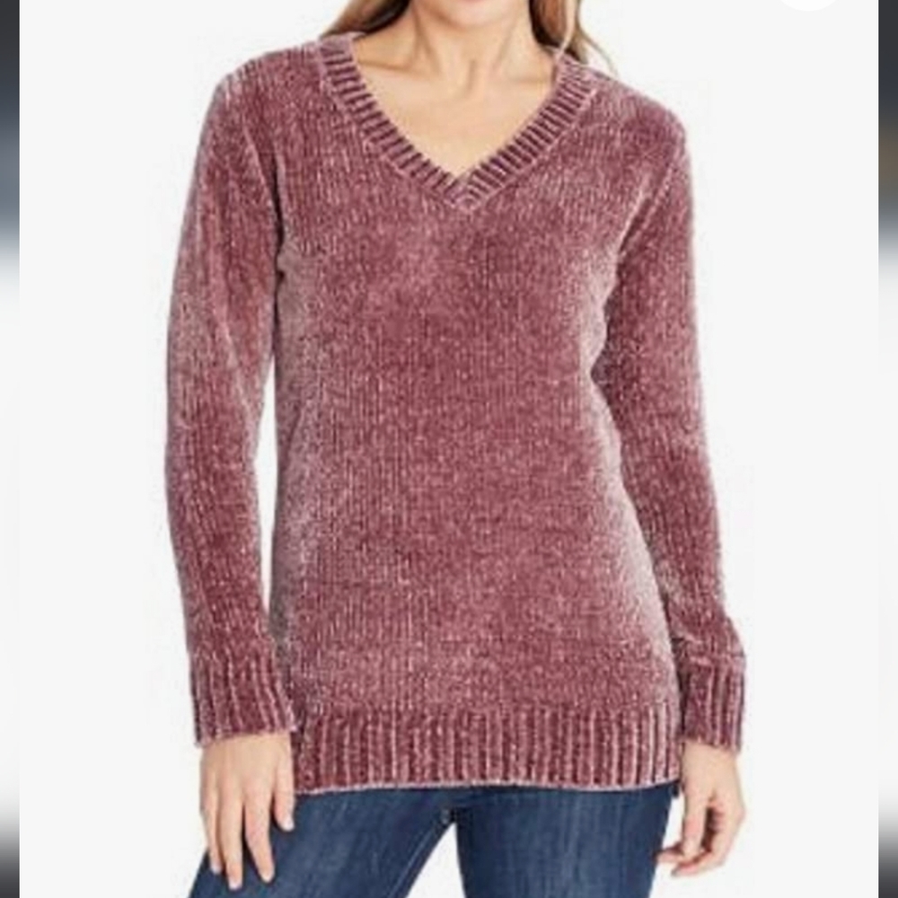 Orvis Mauve Pink Chenille V-Neck Tunic Length Pullover‎ Knit Sweater Medium